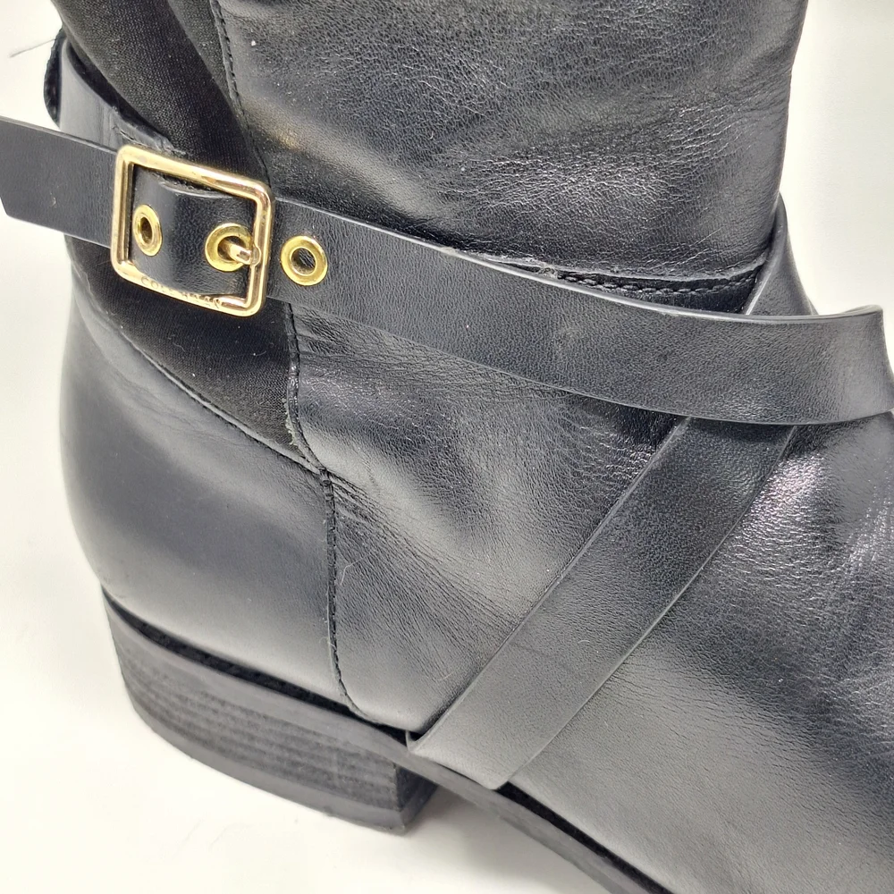 Cole Haan Dorian Stretch Black Riding Boot Leather Boots Gold Hardware